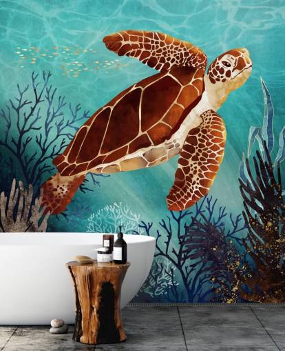 tartaruga laranja cercada por papel de parede coral azul