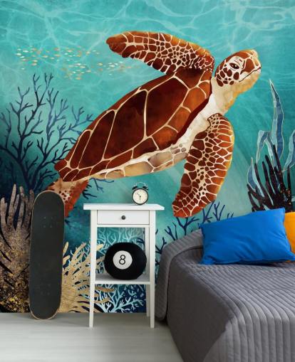 tartaruga laranja cercada por papel de parede coral azul tartaruga laranja cercada por papel de parede coral azul