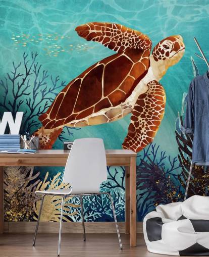 papel pintado tortuga naranja rodeada de coral azul