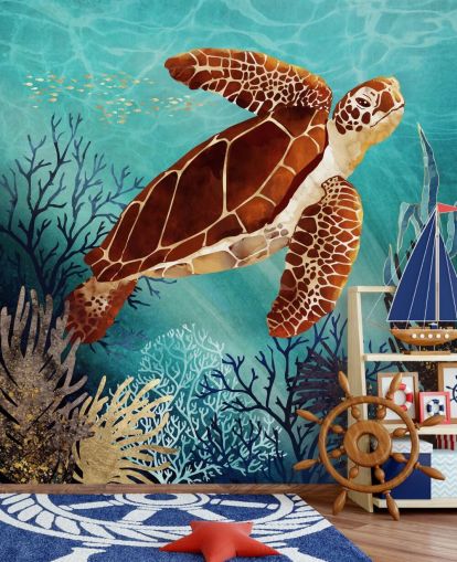 papel pintado tortuga naranja rodeada de coral azul
