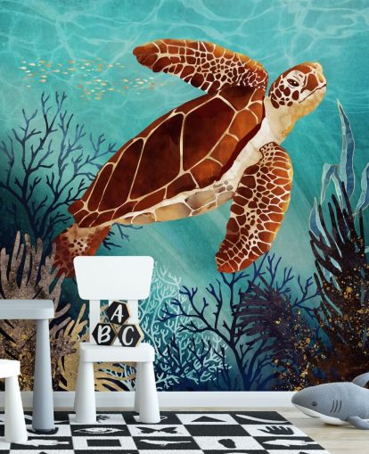 orange turtle surrounded by blue coral wallpaper
