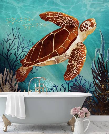 orange turtle surrounded by blue coral wallpaper