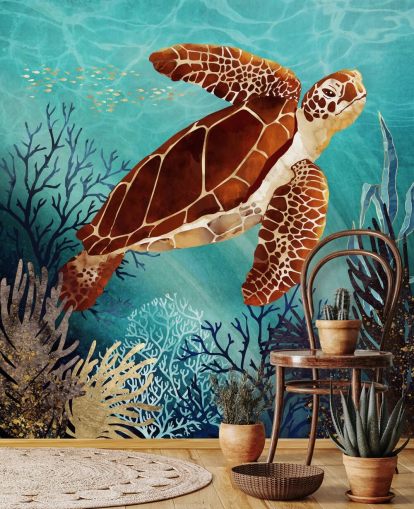 papier peint tortue orange entourée de corail bleu