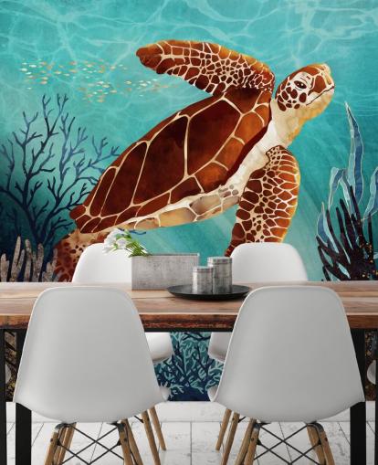 orange turtle surrounded by blue coral wallpaper