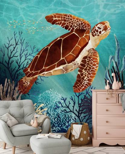 papel pintado tortuga naranja rodeada de coral azul papel pintado tortuga naranja rodeada de coral azul