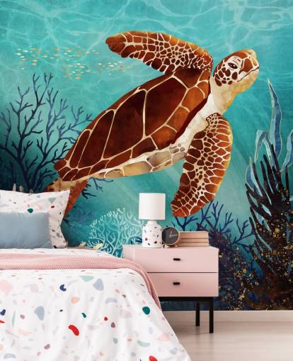 orange Schildkröte umgeben von blauen Korallen Tapete