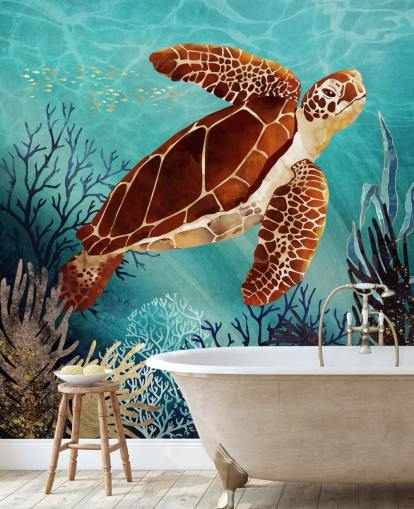 oranje schildpad omgeven door blauw koraalbehang oranje schildpad omgeven door blauw koraalbehang