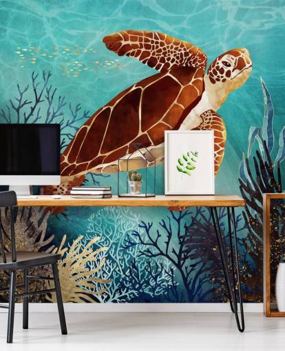 orange turtle surrounded by blue coral wallpaper orange turtle surrounded by blue coral wallpaper