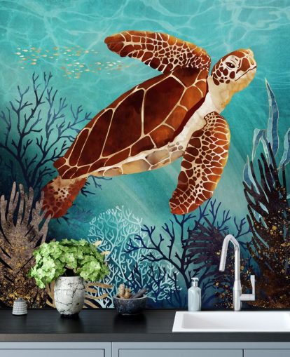orange turtle surrounded by blue coral wallpaper