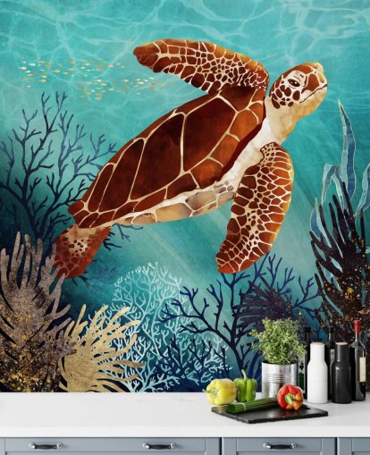 tartaruga laranja cercada por papel de parede coral azul