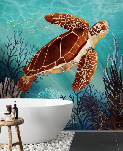 papel pintado tortuga naranja rodeada de coral azul papel pintado tortuga naranja rodeada de coral azul