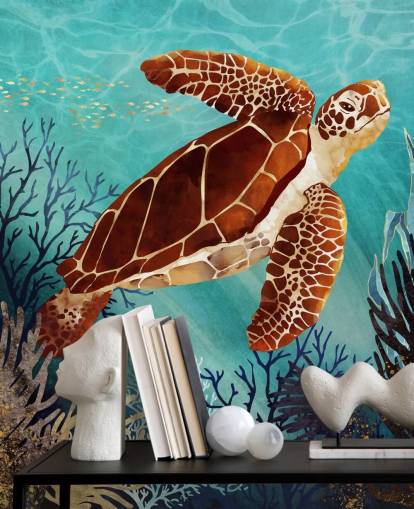 papier peint tortue orange entourée de corail bleu papier peint tortue orange entourée de corail bleu