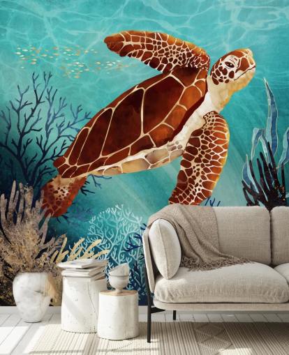 tartaruga laranja cercada por papel de parede coral azul