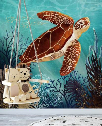 papel pintado tortuga naranja rodeada de coral azul