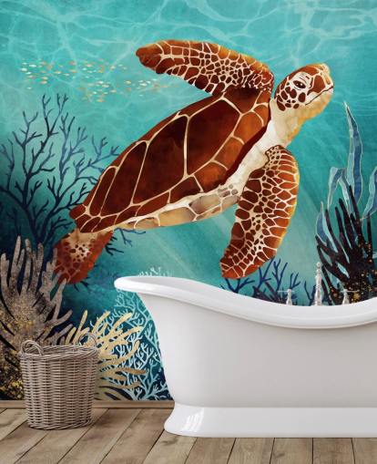 orange Schildkröte umgeben von blauen Korallen Tapete