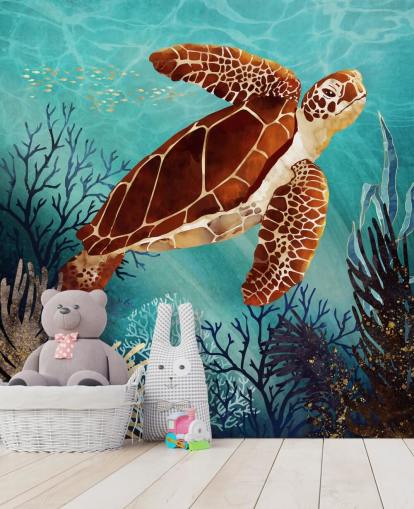 orange turtle surrounded by blue coral wallpaper