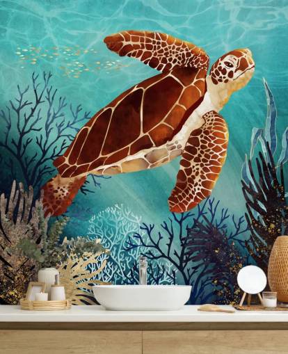 orange turtle surrounded by blue coral wallpaper