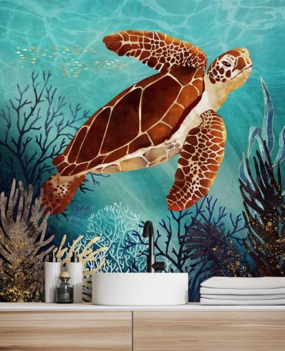 orange turtle surrounded by blue coral wallpaper