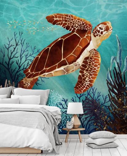 orange turtle surrounded by blue coral wallpaper