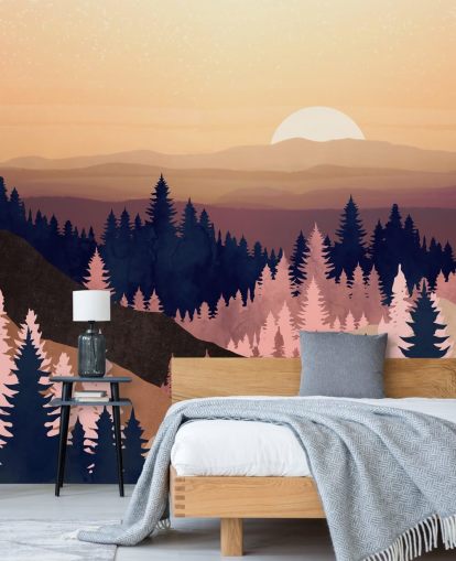 navy, lilla, pink træ landskab tapet