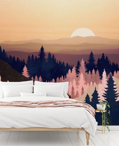 papel pintado de paisaje de árbol azul marino, morado, rosa