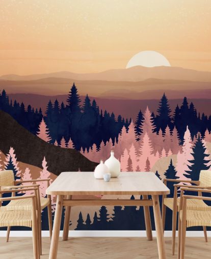 navy, purple, pink tree landscape wallpaper