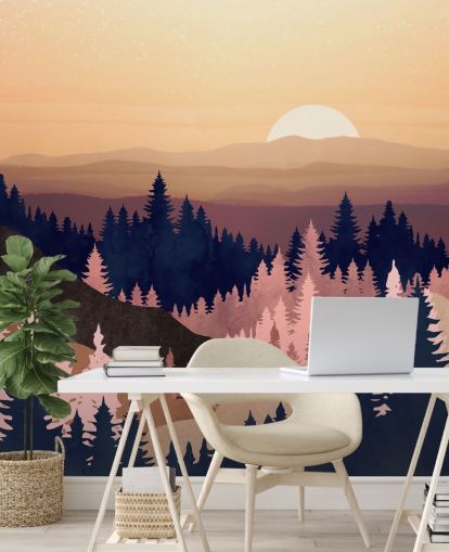 marine, paars, roze boom landschap behang