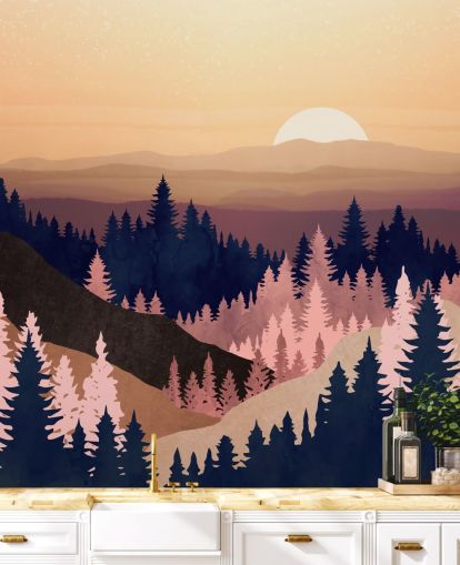 navy, purple, pink tree landscape wallpaper