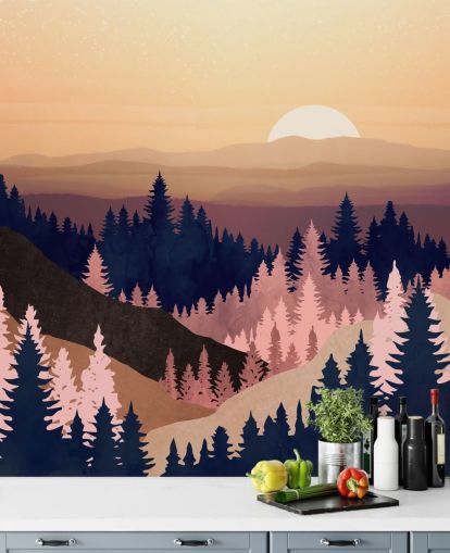 navy, purple, pink tree landscape wallpaper