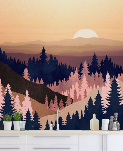 navy, purple, pink tree landscape wallpaper