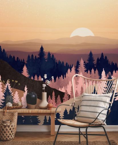 navy, lilla, pink træ landskab tapet