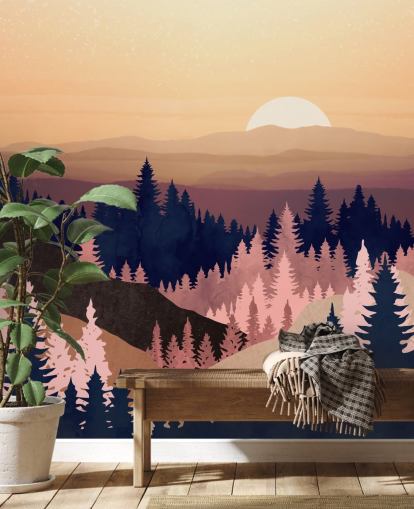 navy, purple, pink tree landscape wallpaper