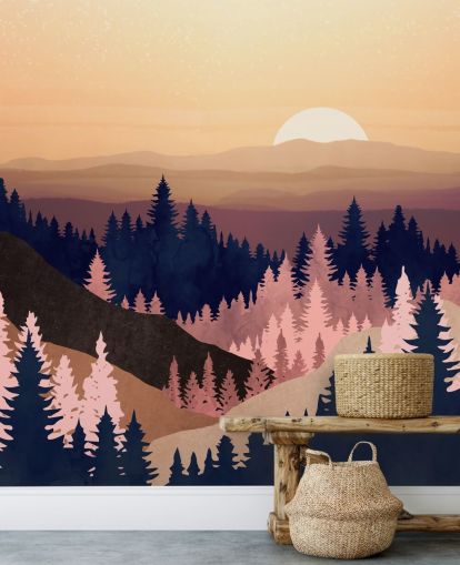 papel pintado de paisaje de árbol azul marino, morado, rosa