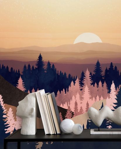 navy, purple, pink tree landscape wallpaper