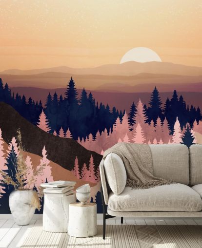 marine, paars, roze boom landschap behang