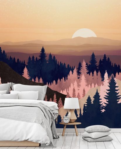 navy, lilla, pink træ landskab tapet