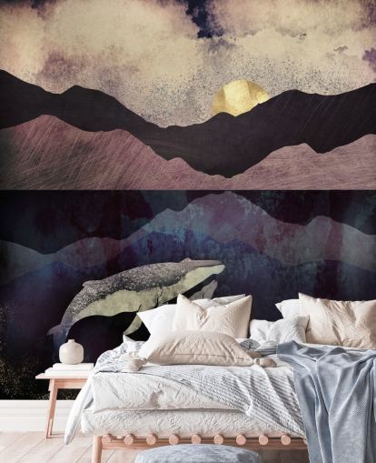 papel de parede de baleia e bezerro roxo escuro, preto e azul