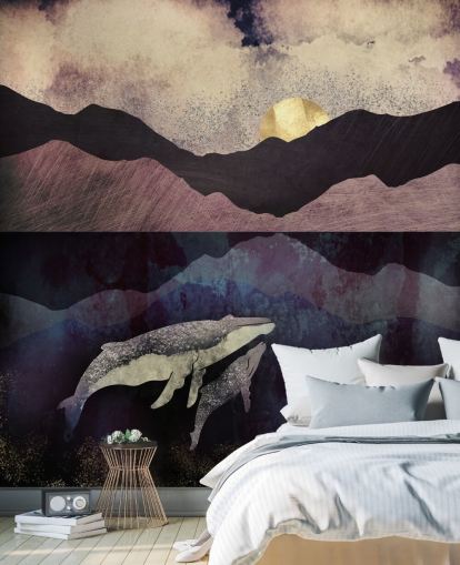 dunkel lila, schwarz und blau Wal und Kalb Tapete