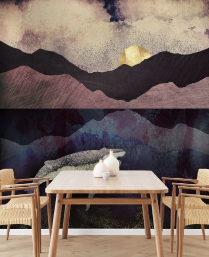 papel pintado de ballenas y terneros morado oscuro, negro y azul