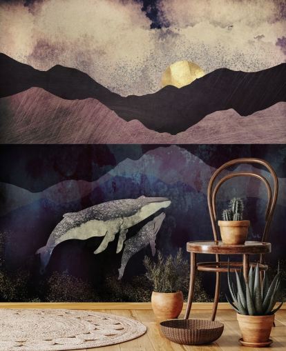 papier peint baleine et veau violet foncé, noir et bleu