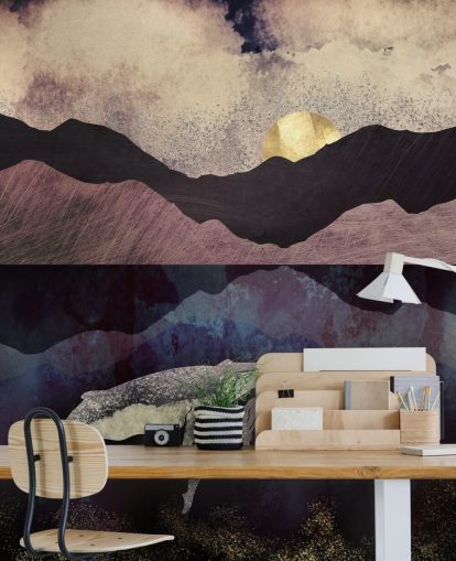 papel pintado de ballenas y terneros morado oscuro, negro y azul