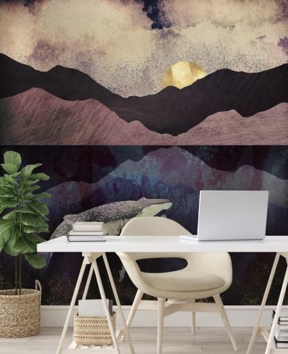 papel pintado de ballenas y terneros morado oscuro, negro y azul