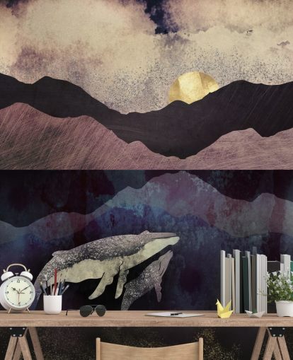 dark purple, black and blue whale and calf wallpaper