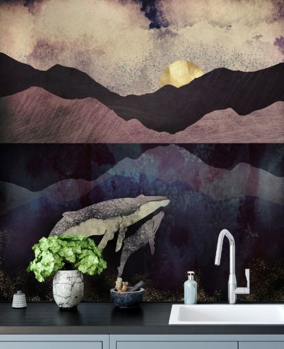 dark purple, black and blue whale and calf wallpaper