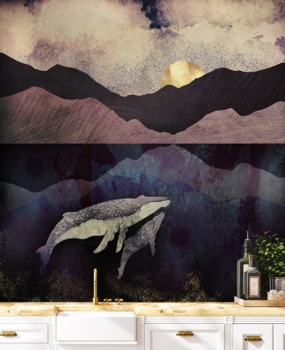 dark purple, black and blue whale and calf wallpaper