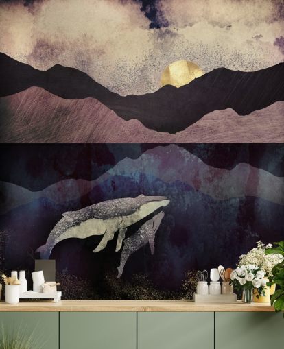 papier peint baleine et veau violet foncé, noir et bleu