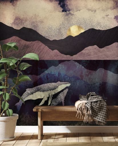 papel pintado de ballenas y terneros morado oscuro, negro y azul