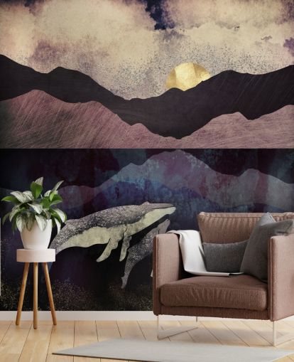 papier peint baleine et veau violet foncé, noir et bleu