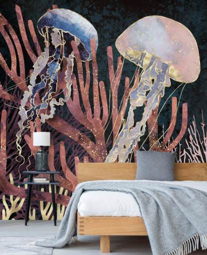 papel pintado de medusas rosadas, moradas y doradas