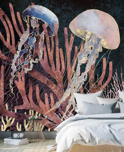 papier peint méduses rose, violet, or